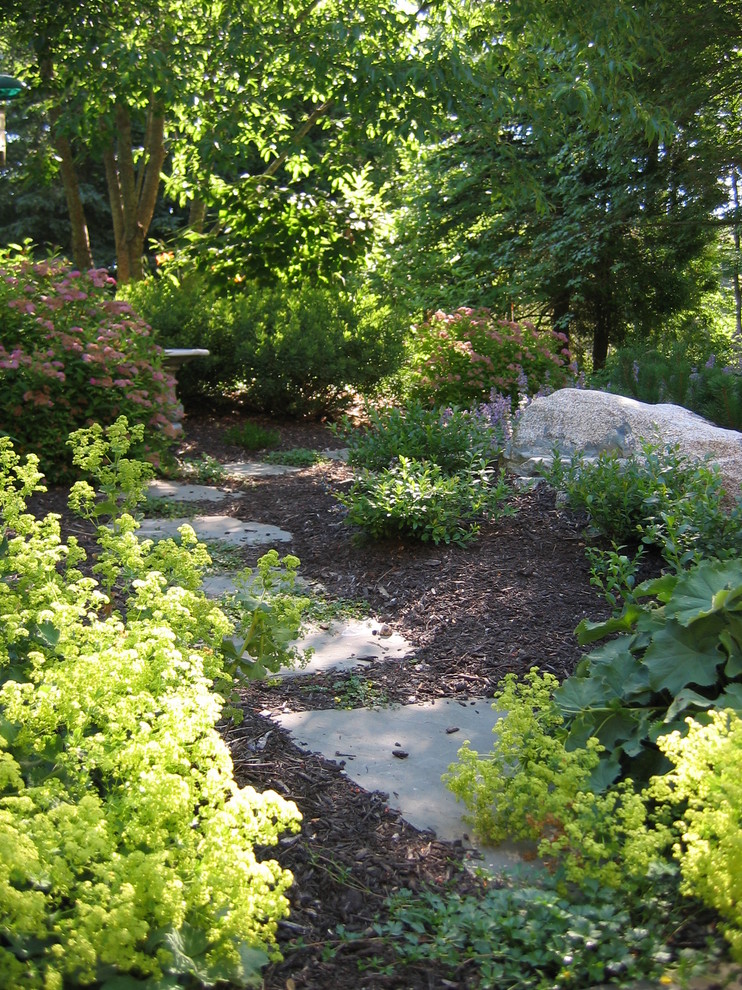 На фото: солнечный участок и сад среднего размера на переднем дворе в классическом стиле с хорошей освещенностью и мульчированием
