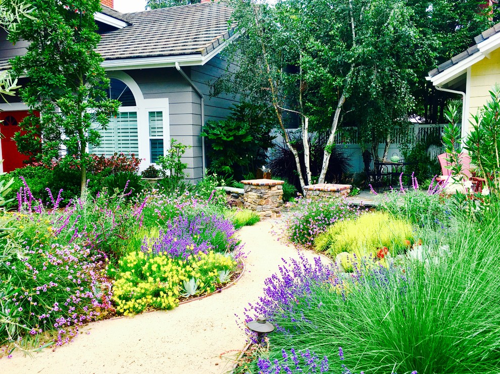 Foto di un giardino xeriscape tradizionale esposto in pieno sole di medie dimensioni e davanti casa in estate con pavimentazioni in mattoni
