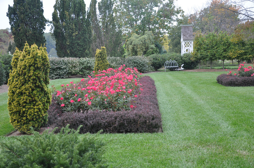 На фото: огромный солнечный, летний регулярный сад на заднем дворе в классическом стиле с хорошей освещенностью и мульчированием