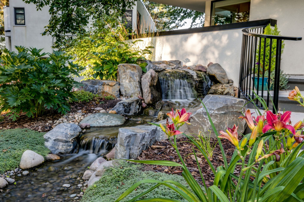 Immagine di un piccolo giardino esposto a mezz'ombra davanti casa con una cascata e sassi di fiume