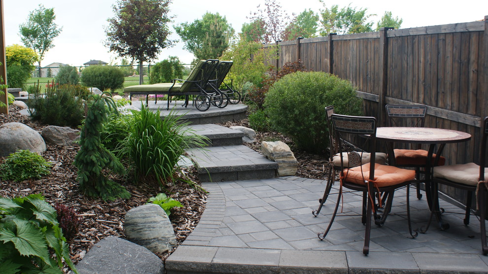 Medium sized classic back xeriscape garden in Calgary with concrete paving.