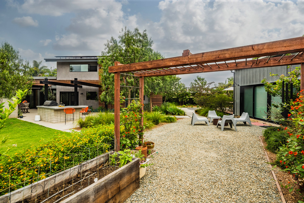 Foto di un giardino formale minimalista esposto a mezz'ombra di medie dimensioni e dietro casa con un giardino in vaso e ghiaia