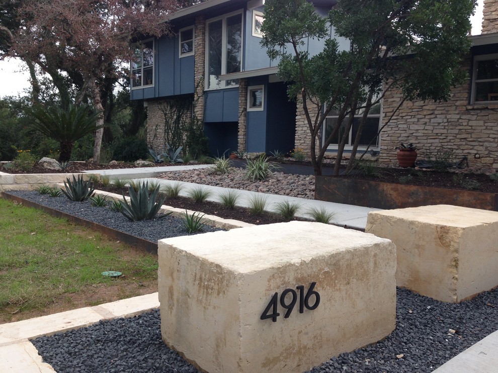 Limestone Quarry Seat Blocks with Address Midcentury Landscape Austin by Perfect Lawns