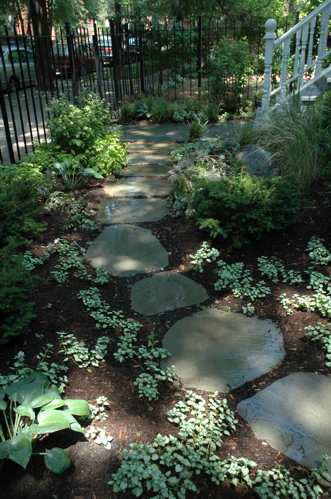 Design ideas for a small transitional shade front yard stone landscaping in Chicago.