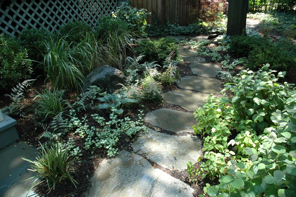 Aménagement d'un petit jardin avant classique avec une exposition ombragée et des pavés en pierre naturelle.