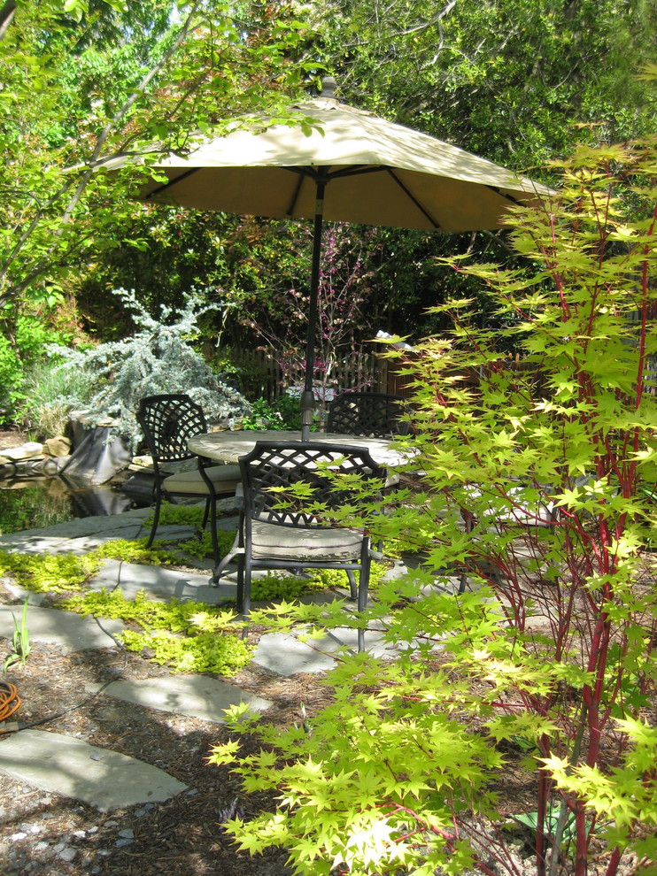 Esempio di un piccolo giardino formale classico esposto a mezz'ombra dietro casa in inverno con fontane e pavimentazioni in pietra naturale
