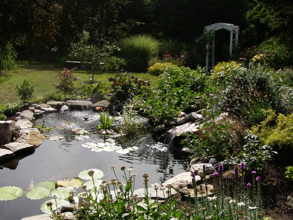 Imagen de jardín tradicional de tamaño medio en primavera en patio trasero con jardín francés, estanque, exposición parcial al sol y adoquines de piedra natural