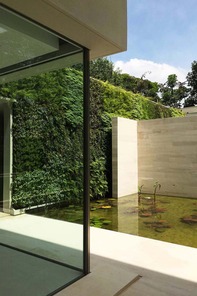 Immagine di un ampio giardino formale moderno esposto in pieno sole in cortile con sassi di fiume
