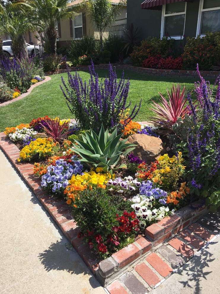 Mittelgroßer Uriger Garten im Sommer mit Auffahrt, direkter Sonneneinstrahlung und Pflastersteinen in Orange County