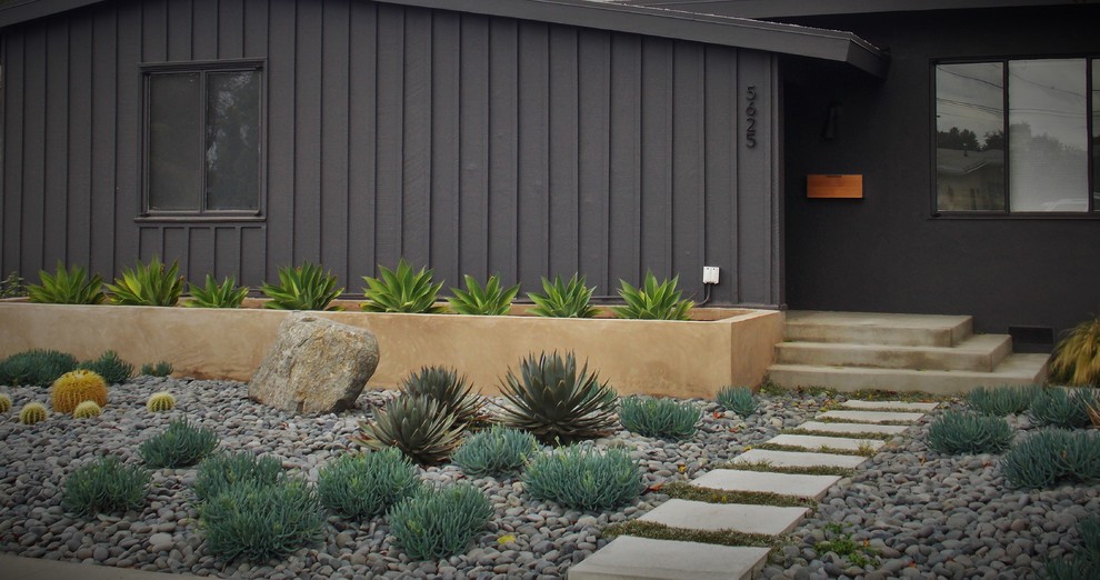 Ispirazione per un giardino xeriscape moderno esposto a mezz'ombra davanti casa in primavera con un ingresso o sentiero e pavimentazioni in cemento