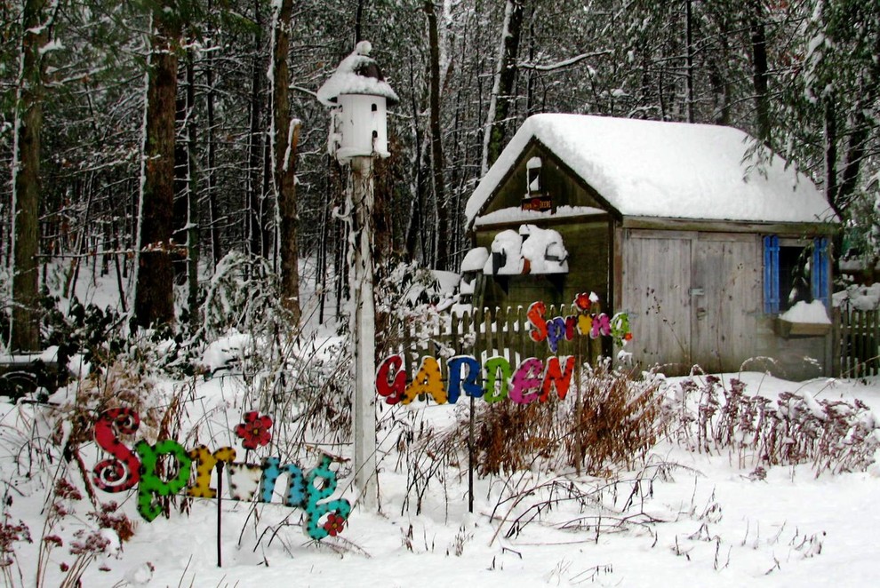 Immagine di un giardino tradizionale dietro casa in inverno