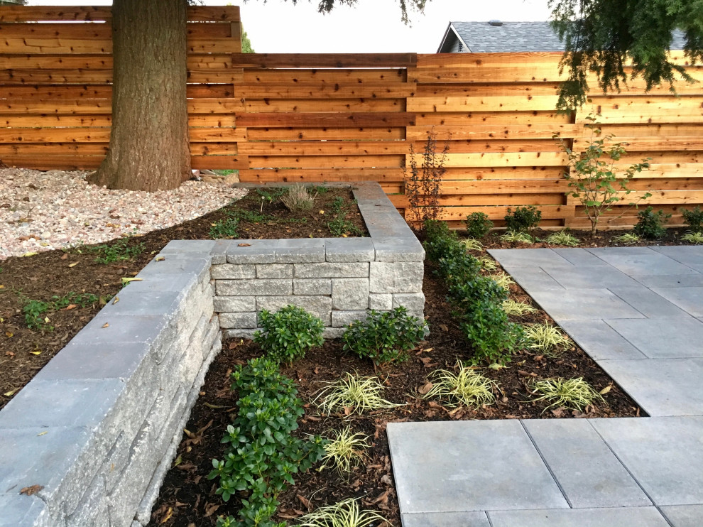 Cette photo montre un jardin arrière moderne de taille moyenne avec un mur de soutènement, une exposition partiellement ombragée et des pavés en béton.
