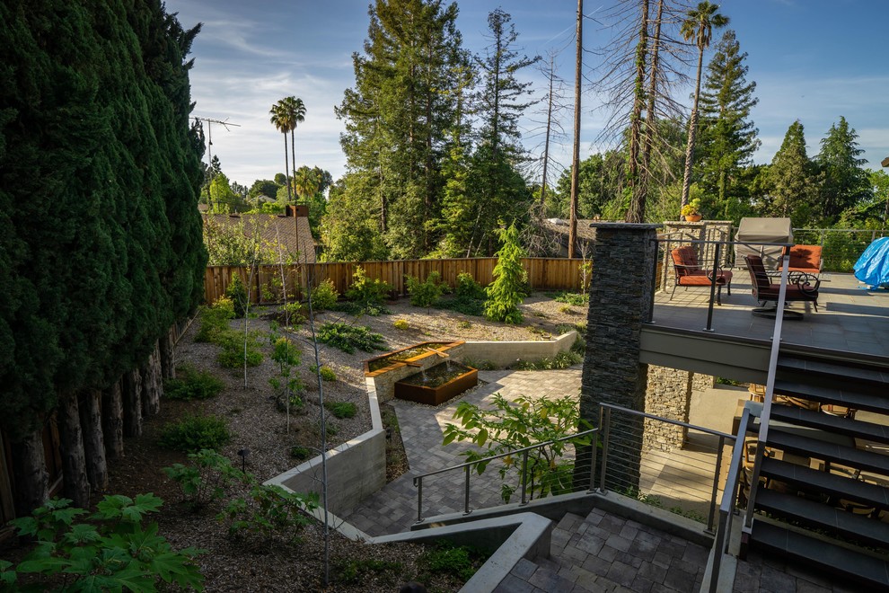 Idee per un grande giardino xeriscape american style in ombra dietro casa con fontane e pavimentazioni in pietra naturale