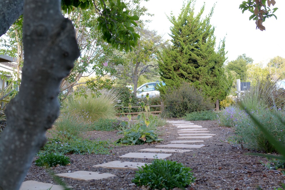 На фото: большой засухоустойчивый сад на переднем дворе в классическом стиле с садовой дорожкой или калиткой и мульчированием