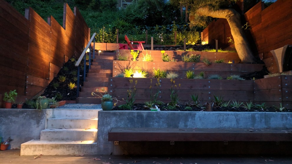 This is an example of a medium sized mediterranean back xeriscape full sun garden in San Francisco with a retaining wall, mulch and a wood fence.