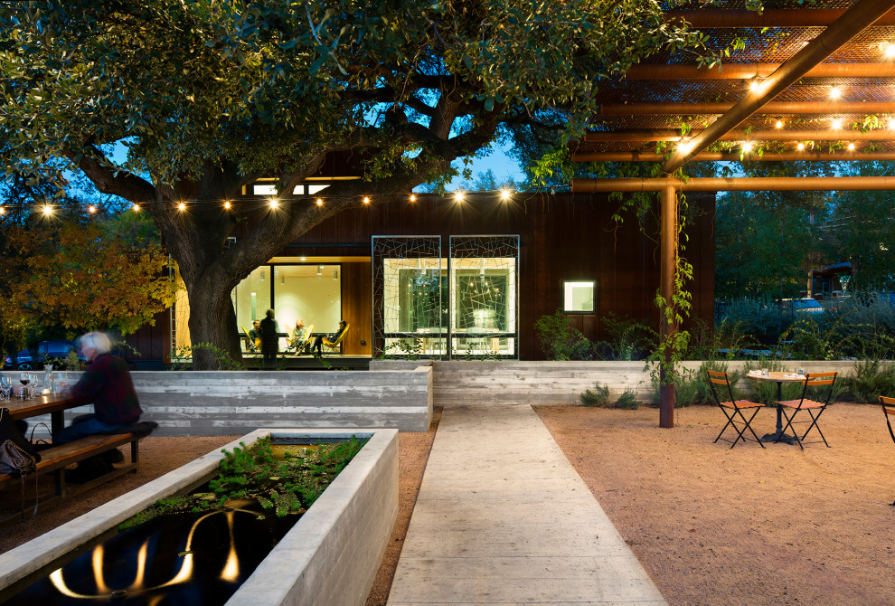 Kleiner, Halbschattiger Moderner Garten im Innenhof im Frühling mit Wasserspiel und Granitsplitt in Austin