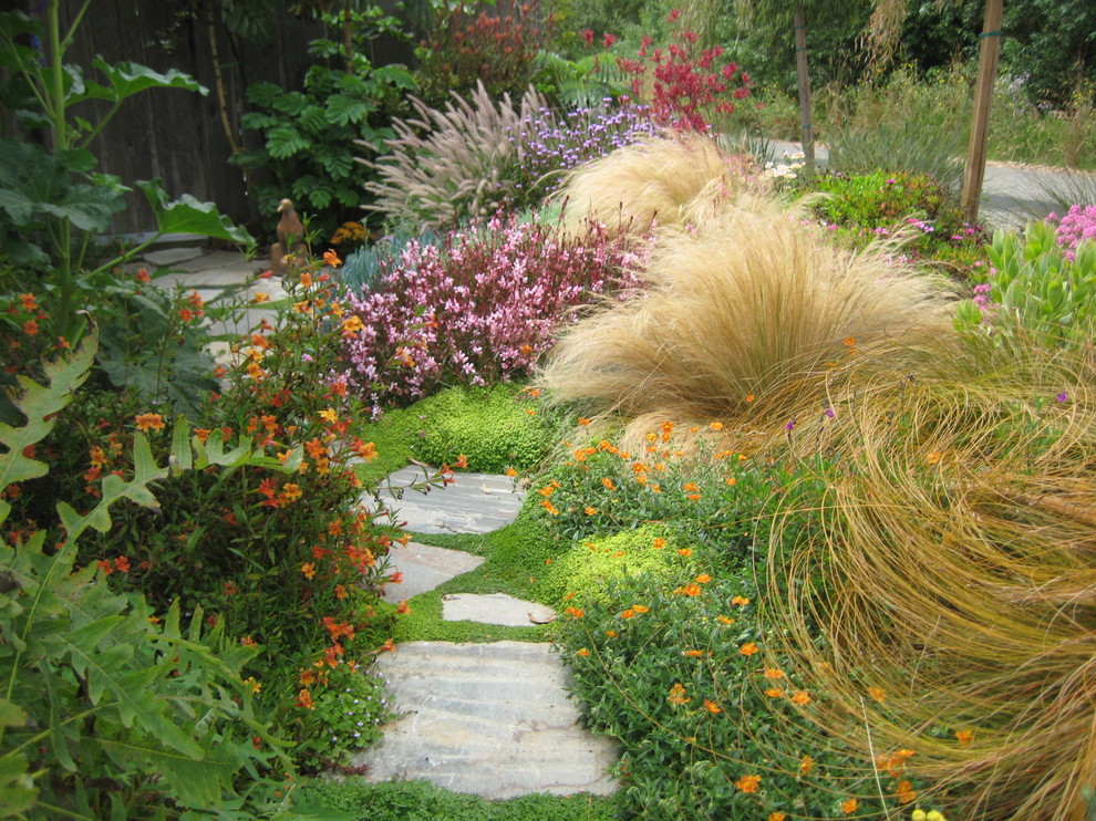 Design ideas for a mediterranean drought-tolerant stone garden path in San Luis Obispo.
