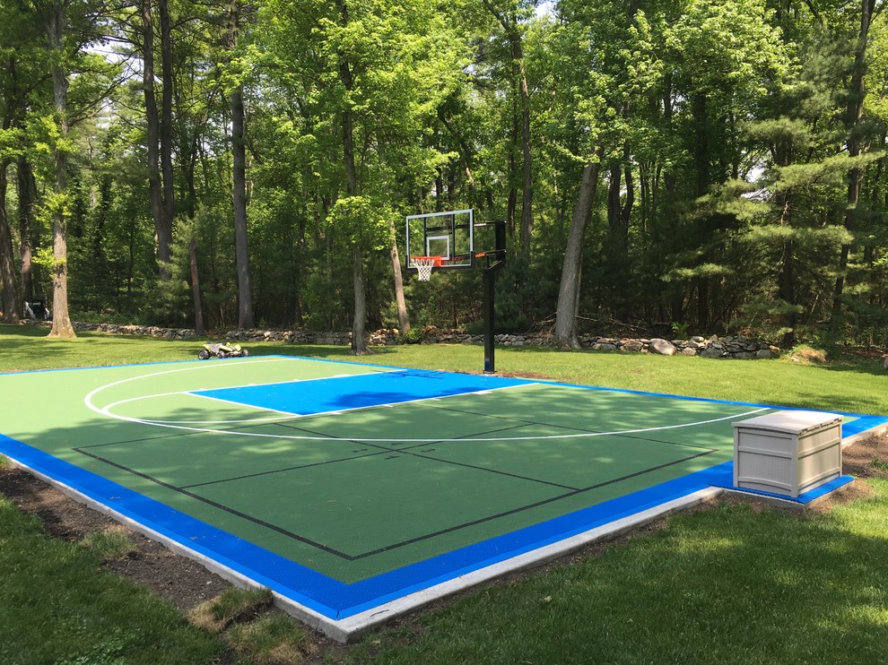 Inspiration for a large classic back garden in Boston with an outdoor sport court.