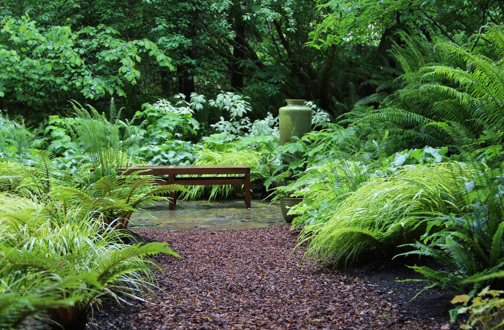 Design ideas for a contemporary shade backyard gravel landscaping in Seattle.