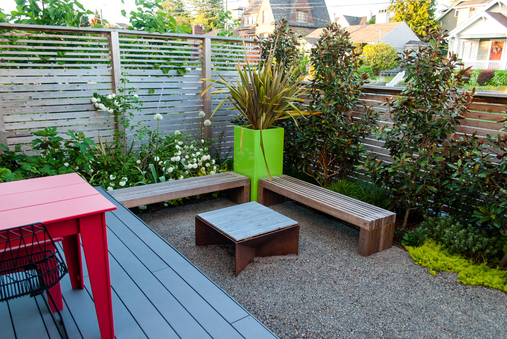 Пример оригинального дизайна: солнечный засухоустойчивый сад среднего размера на переднем дворе в современном стиле с подпорной стенкой, хорошей освещенностью и мощением тротуарной плиткой