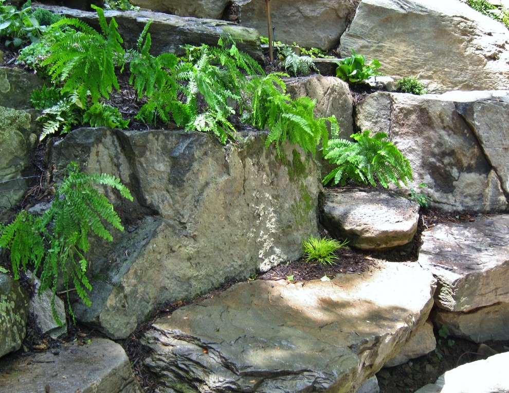 Imagen de jardín de secano rústico grande en ladera con exposición reducida al sol, muro de contención y adoquines de piedra natural