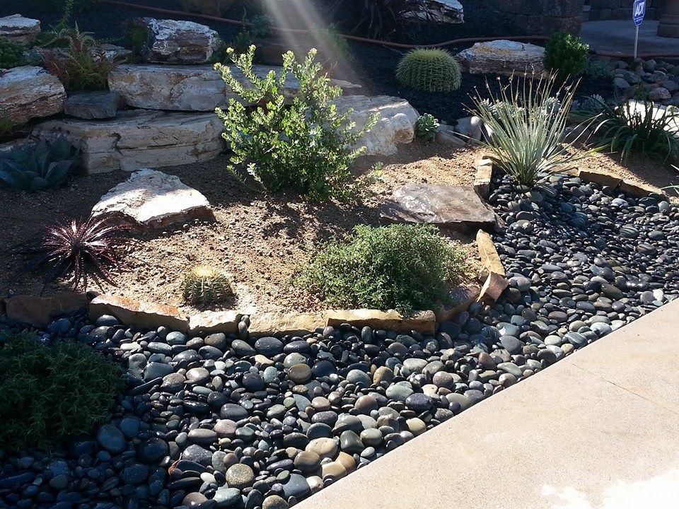 Modelo de jardín de secano mediterráneo de tamaño medio en verano en patio delantero con muro de contención, exposición total al sol y adoquines de piedra natural