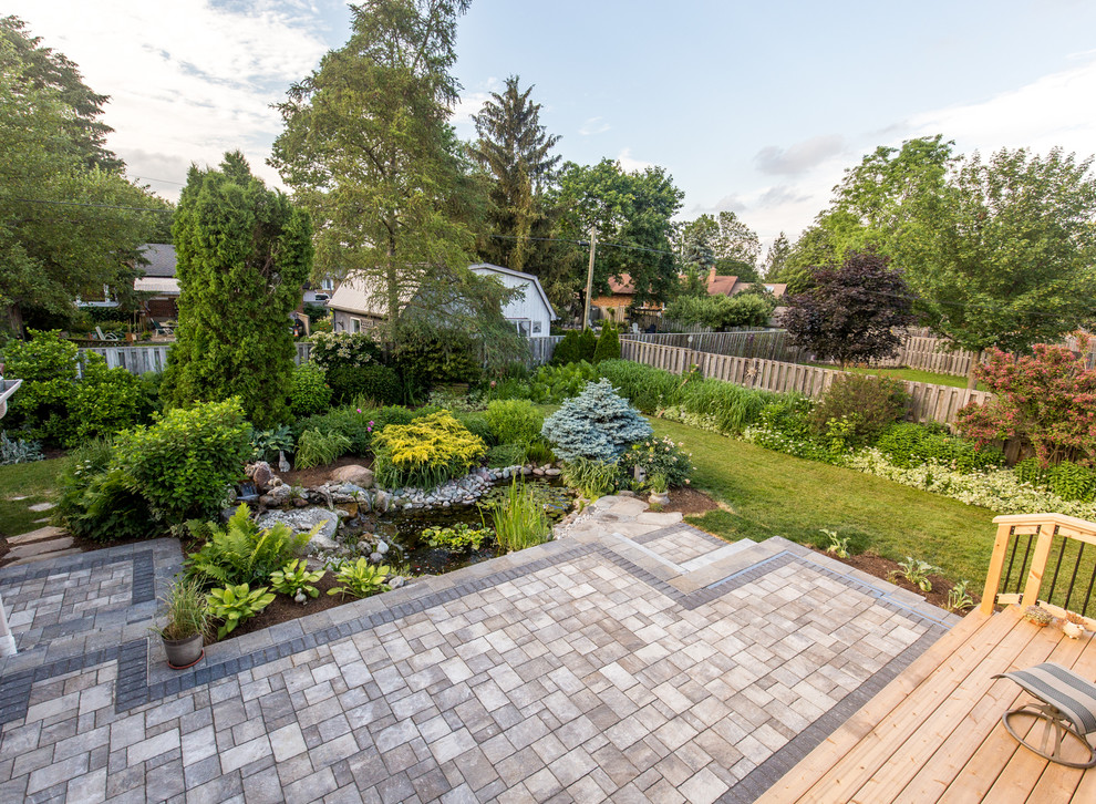 На фото: сад с прудом среднего размера на заднем дворе в классическом стиле с мощением тротуарной плиткой