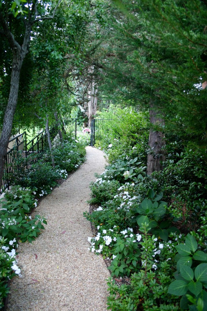 Foto di un ampio giardino mediterraneo in ombra nel cortile laterale con un ingresso o sentiero e ghiaia