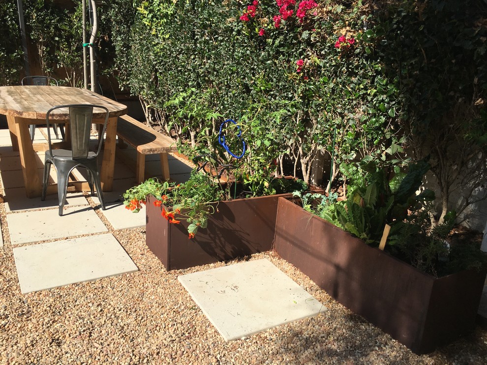 На фото: огород на участке среднего размера на заднем дворе в современном стиле с полуденной тенью с