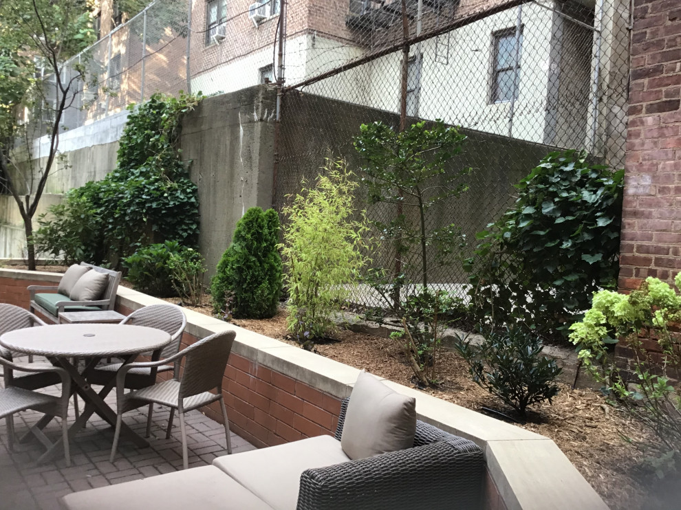 Идея дизайна: весенний регулярный сад среднего размера на заднем дворе в стиле модернизм с перегородкой для приватности, полуденной тенью и мощением клинкерной брусчаткой