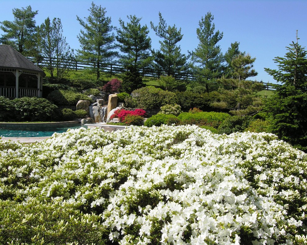 Ejemplo de jardín tradicional grande en patio trasero con fuente, exposición total al sol y adoquines de ladrillo