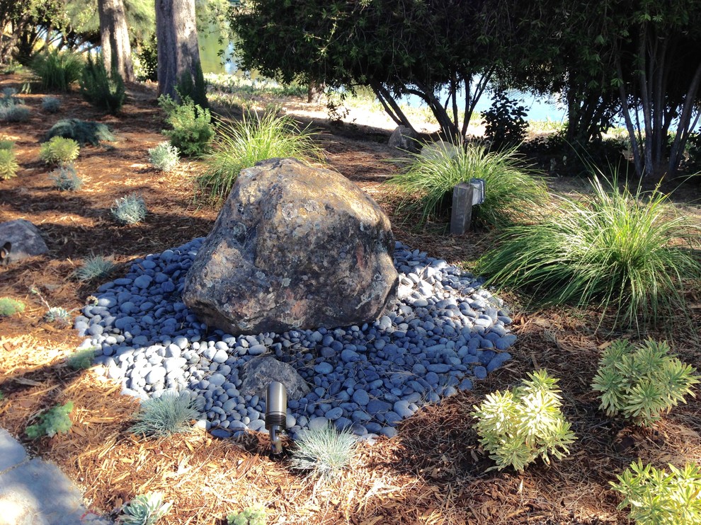 Inspiration for a mid-sized contemporary drought-tolerant and partial sun hillside mulch landscaping in San Francisco.