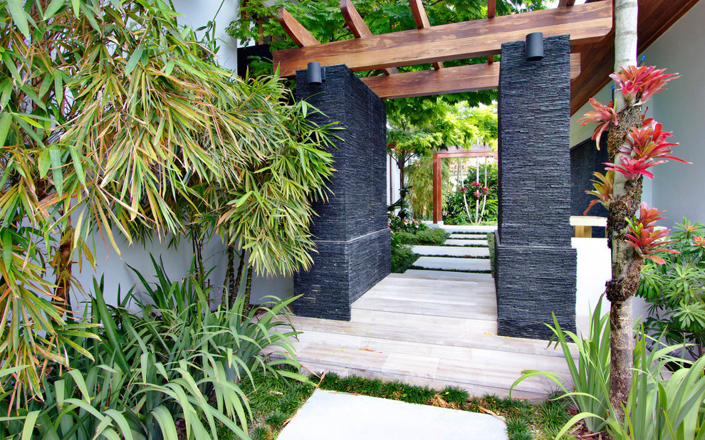 Idéer för att renovera en tropisk trädgård längs med huset