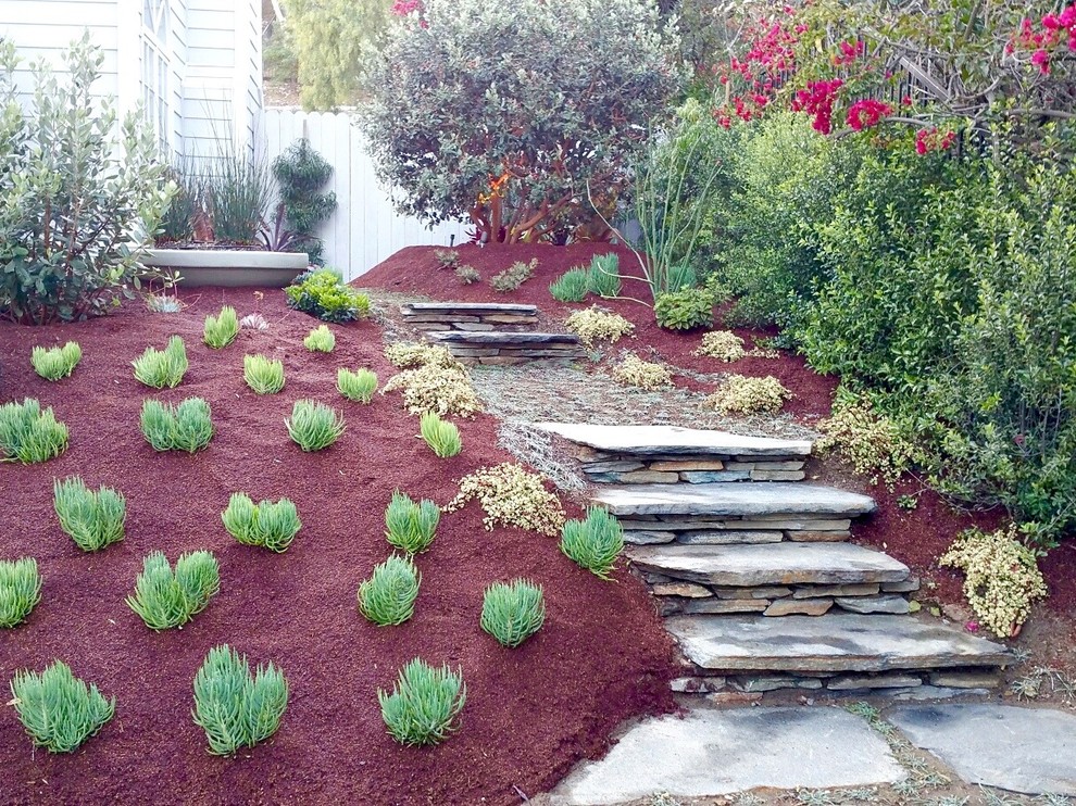 Inspiration for a mid-sized traditional drought-tolerant front yard stone garden path in Los Angeles.