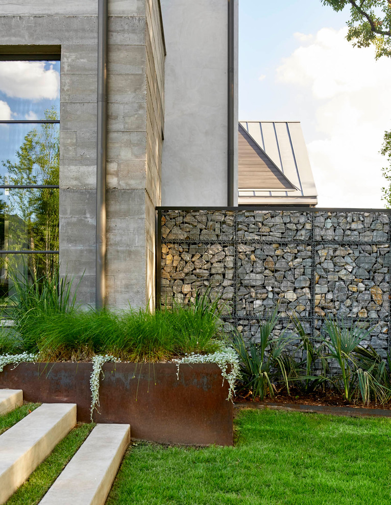 Großer Moderner Vorgarten mit Kübelpflanzen und direkter Sonneneinstrahlung in Dallas