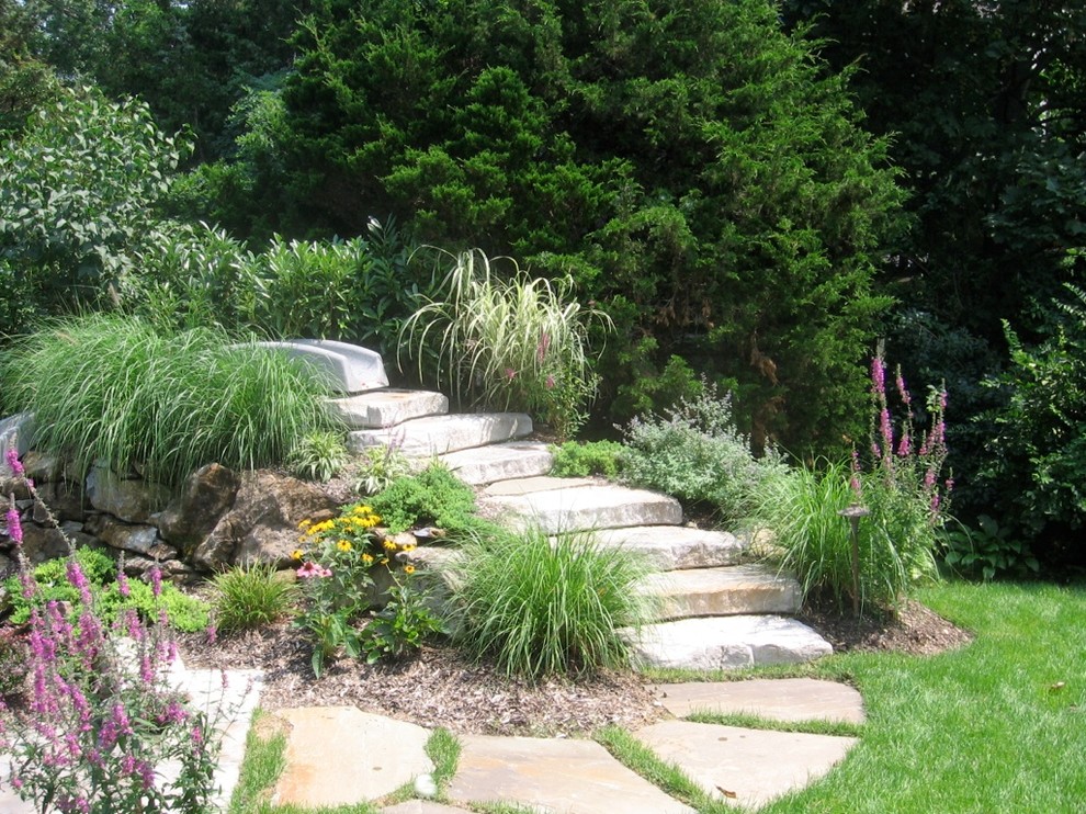 Cette image montre un jardin arrière traditionnel de taille moyenne et l'été avec un point d'eau, une exposition ensoleillée et des pavés en béton.