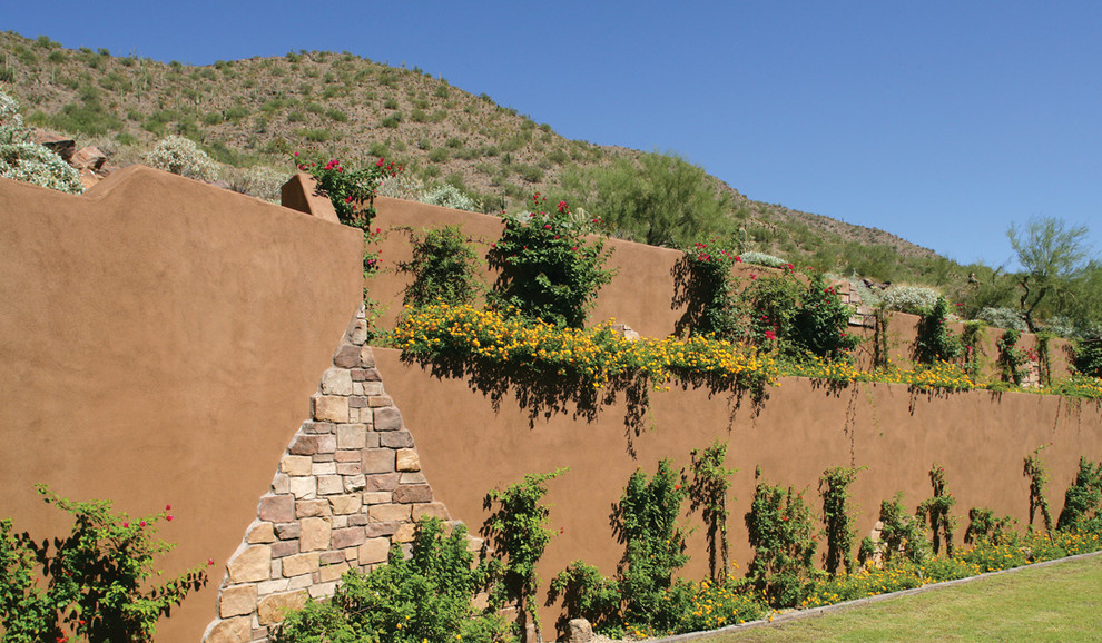 Modelo de jardín de estilo americano con muro de contención
