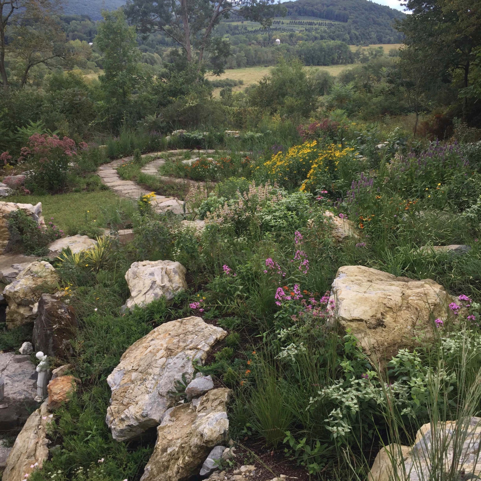 Inspiration pour un jardin bohème de taille moyenne avec une exposition ensoleillée, une pente, une colline ou un talus et des pavés en pierre naturelle.