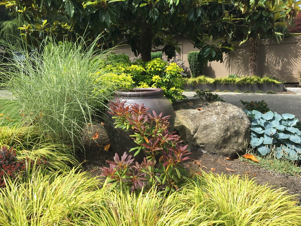 Стильный дизайн: большой участок и сад на переднем дворе в современном стиле с полуденной тенью - последний тренд