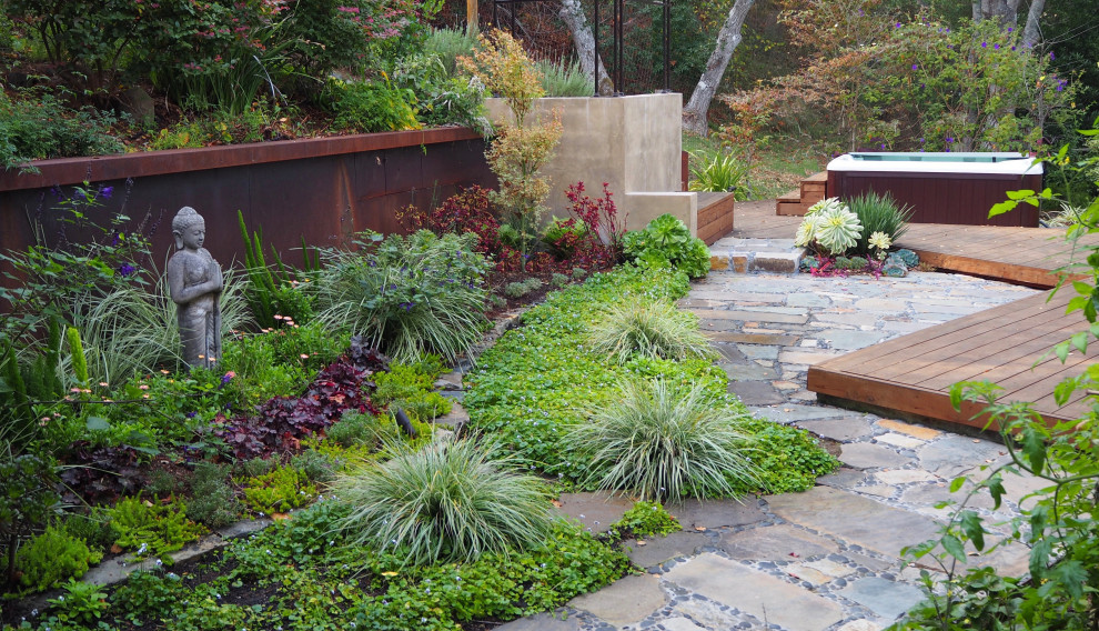 Kleiner, Halbschattiger Asiatischer Garten im Sommer, hinter dem Haus mit Steindeko und Flusssteinen in San Francisco