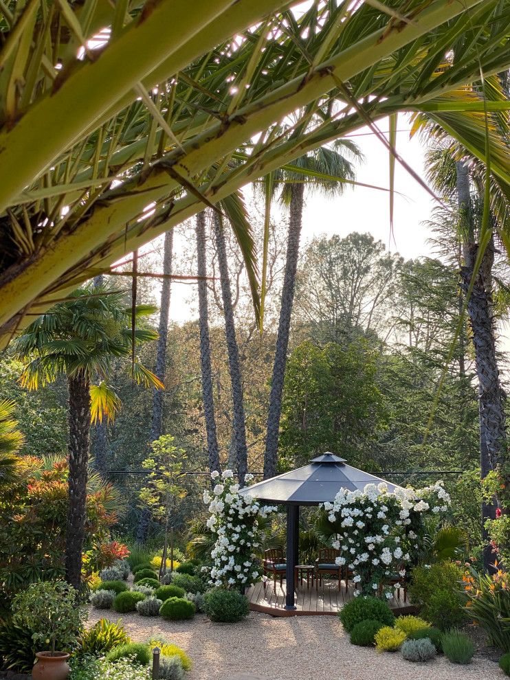 Foto di un grande giardino xeriscape mediterraneo esposto in pieno sole con gazebo, un pendio, una collina o una riva e graniglia di granito