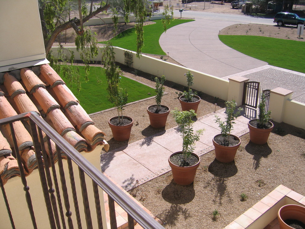 Photo of a mediterranean front garden in Phoenix with a potted garden.