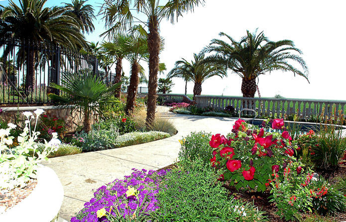 Ejemplo de camino de jardín mediterráneo extra grande en primavera en patio delantero con exposición total al sol, adoquines de hormigón y jardín francés
