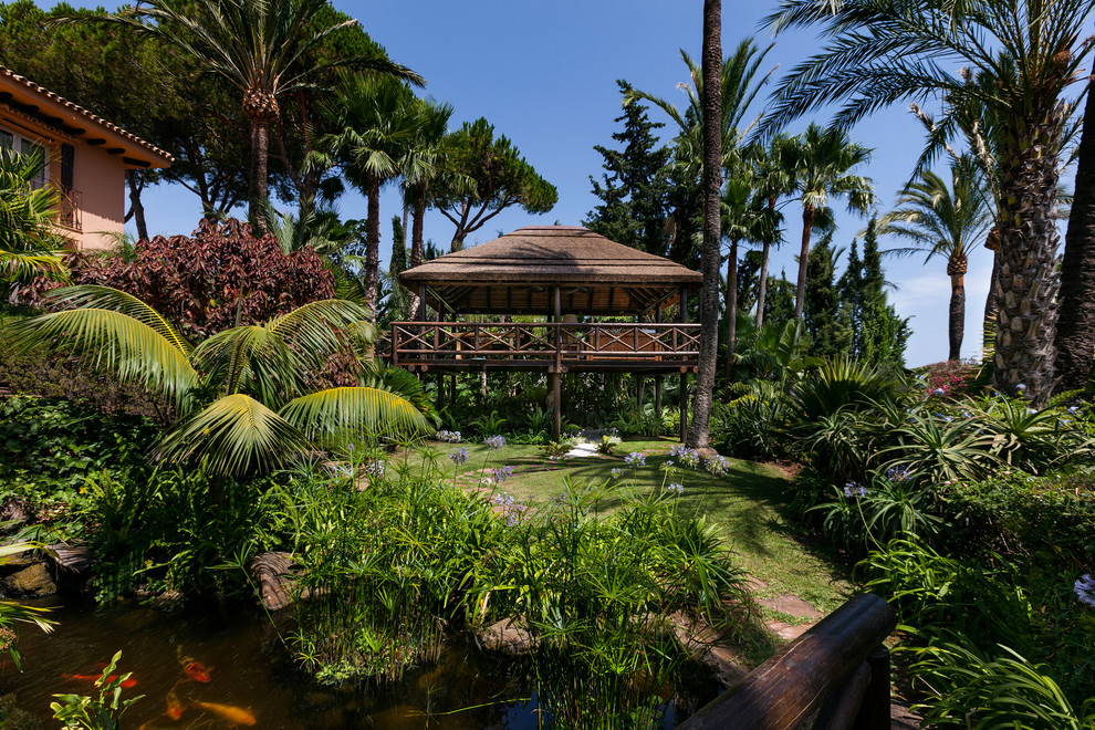 Esempio di un giardino tropicale dietro casa con fontane