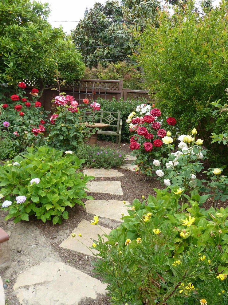 Foto di un piccolo giardino mediterraneo esposto in pieno sole dietro casa in estate con pavimentazioni in pietra naturale