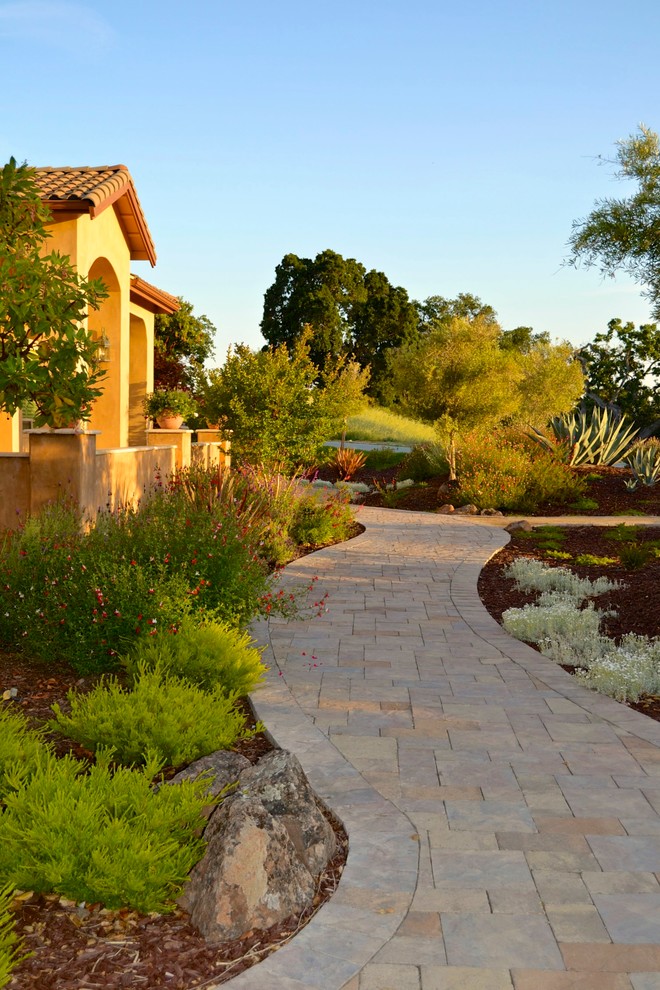 Foto de jardín de secano mediterráneo de tamaño medio en patio delantero con exposición parcial al sol y adoquines de hormigón