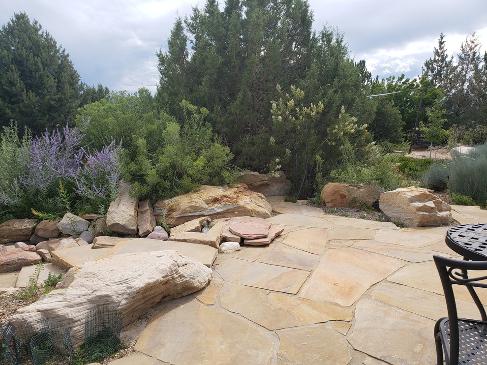 Immagine di un piccolo giardino american style esposto in pieno sole in estate con un pendio, una collina o una riva e pavimentazioni in pietra naturale