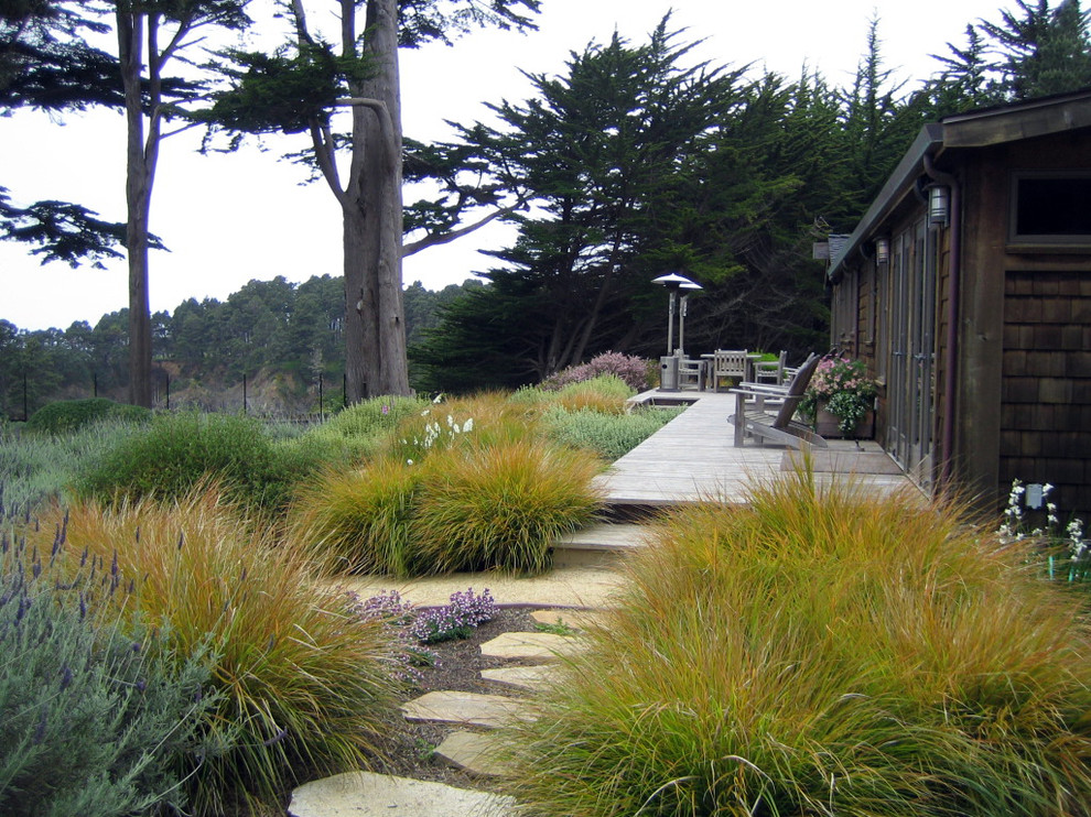 Réalisation d'un jardin arrière design l'automne avec une terrasse en bois.