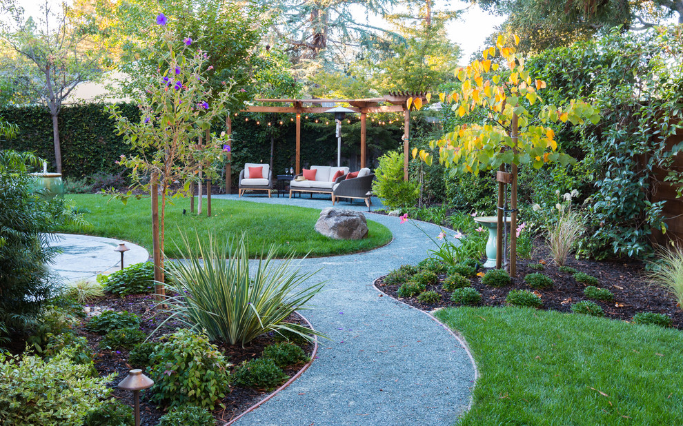 Источник вдохновения для домашнего уюта: садовый фонтан среднего размера на заднем дворе в современном стиле с покрытием из гравия