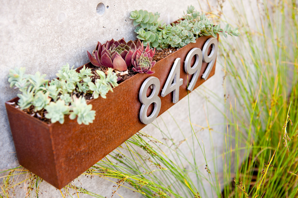 Inspiration for a small midcentury front partial sun garden in Seattle with a garden path and natural stone paving.